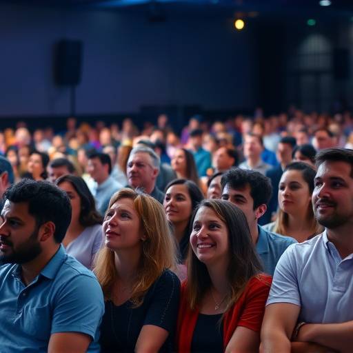 Pessoas diversas assistindo a uma apresentaäão.